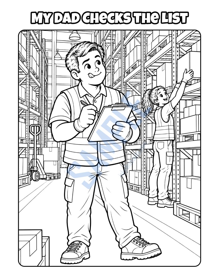 Coloring page from My Dad Works in a Big Warehouse: "My Dad Checks the List"