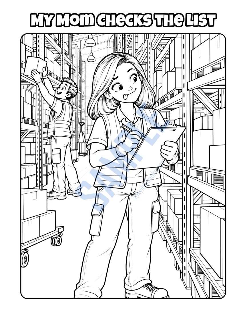 Coloring page from My Mom Works in a Big Warehouse: "My Mom Checks the List"