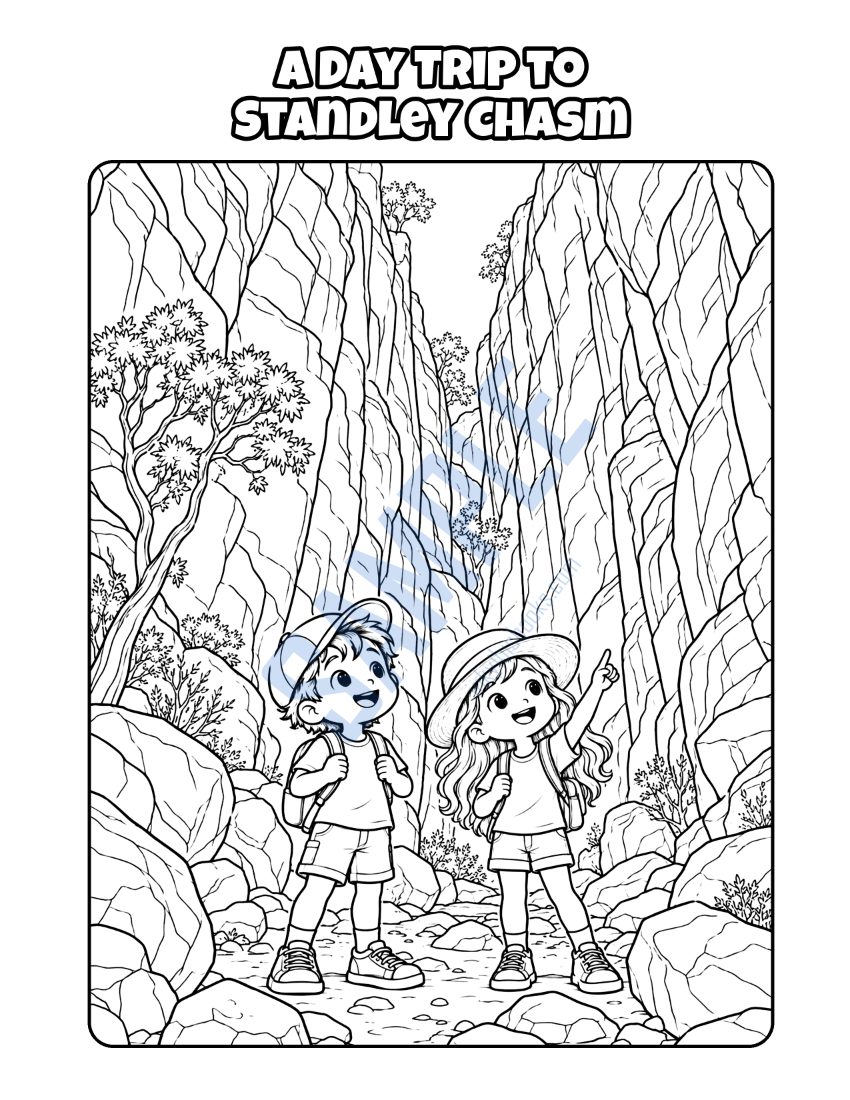 Colouring page from Welcome to Alice Springs: "A Day Trip to Standley Chasm"
