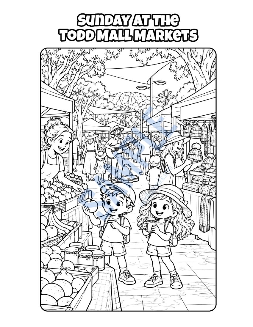 Colouring page from Welcome to Alice Springs: "Sunday at the Todd Mall Markets"