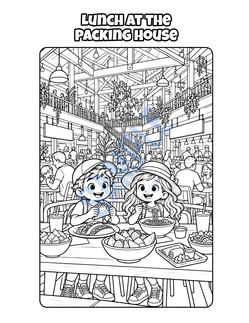Coloring page from Welcome to Anaheim: "Lunch at the Packing House"