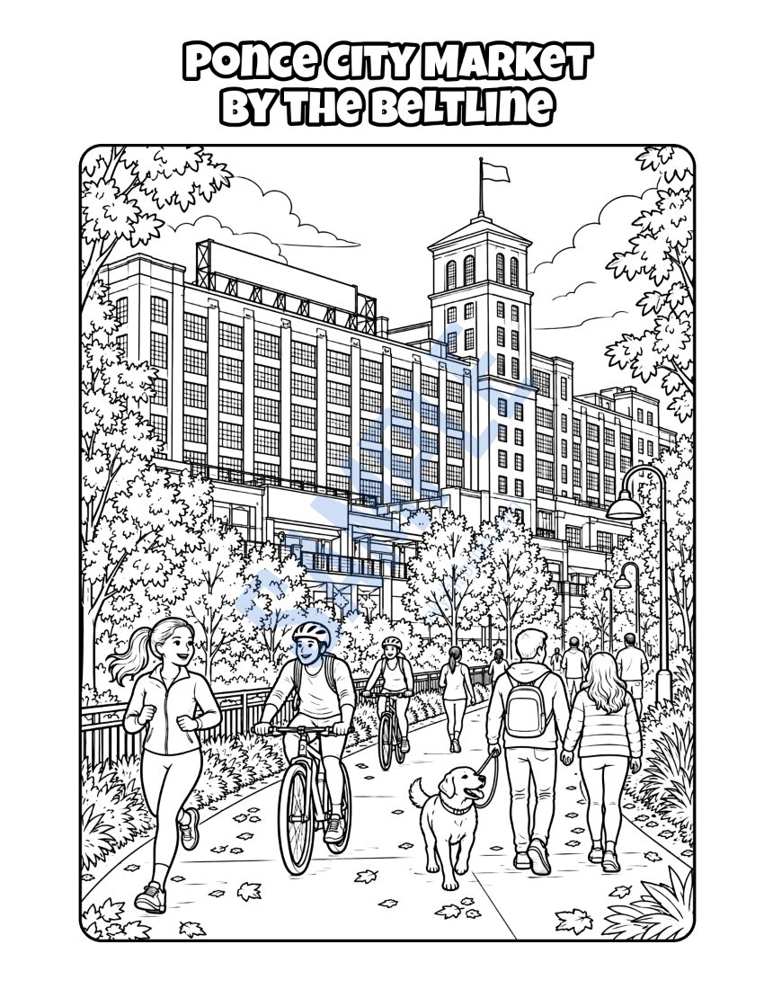 Coloring page from Welcome to Atlanta: "Ponce City Market by the Beltline"