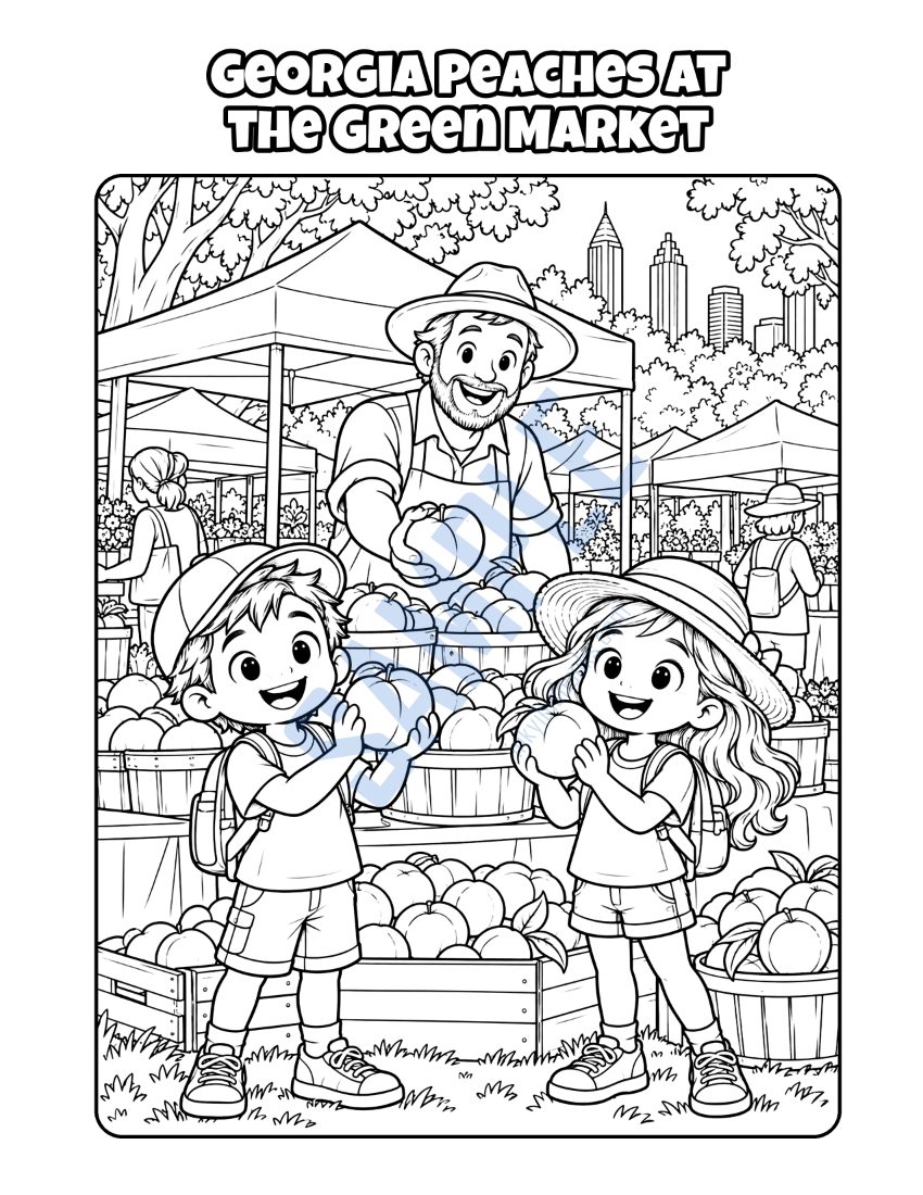 Coloring page from Welcome to Atlanta: "Georgia Peaches at the Green Market"