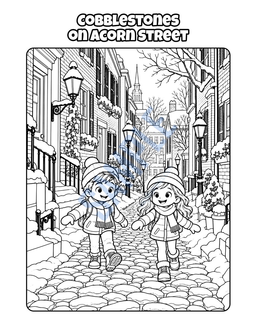 Coloring page from Welcome to Boston: "Cobblestones on Acorn Street"