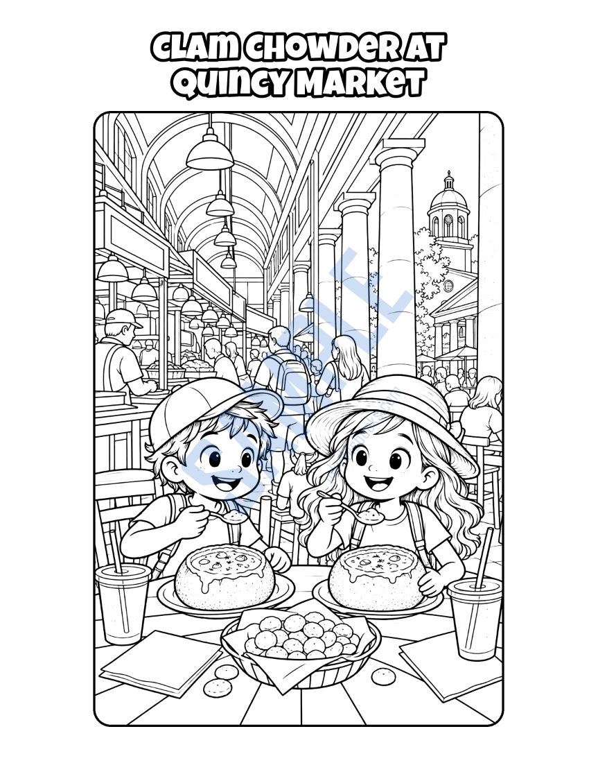 Coloring page from Welcome to Boston: "Clam Chowder at Quincy Market"