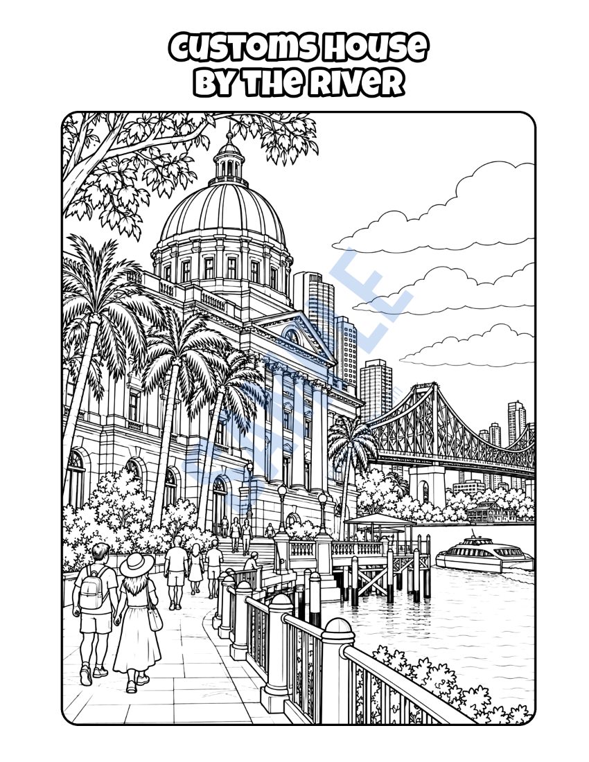 Colouring page from Welcome to Brisbane: "Customs House by the River"