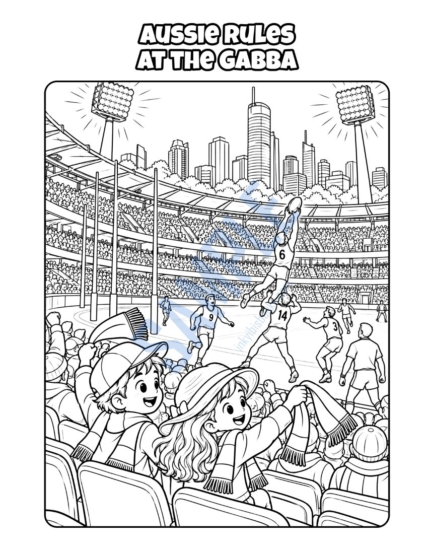 Colouring page from Welcome to Brisbane: "Aussie Rules at the Gabba"