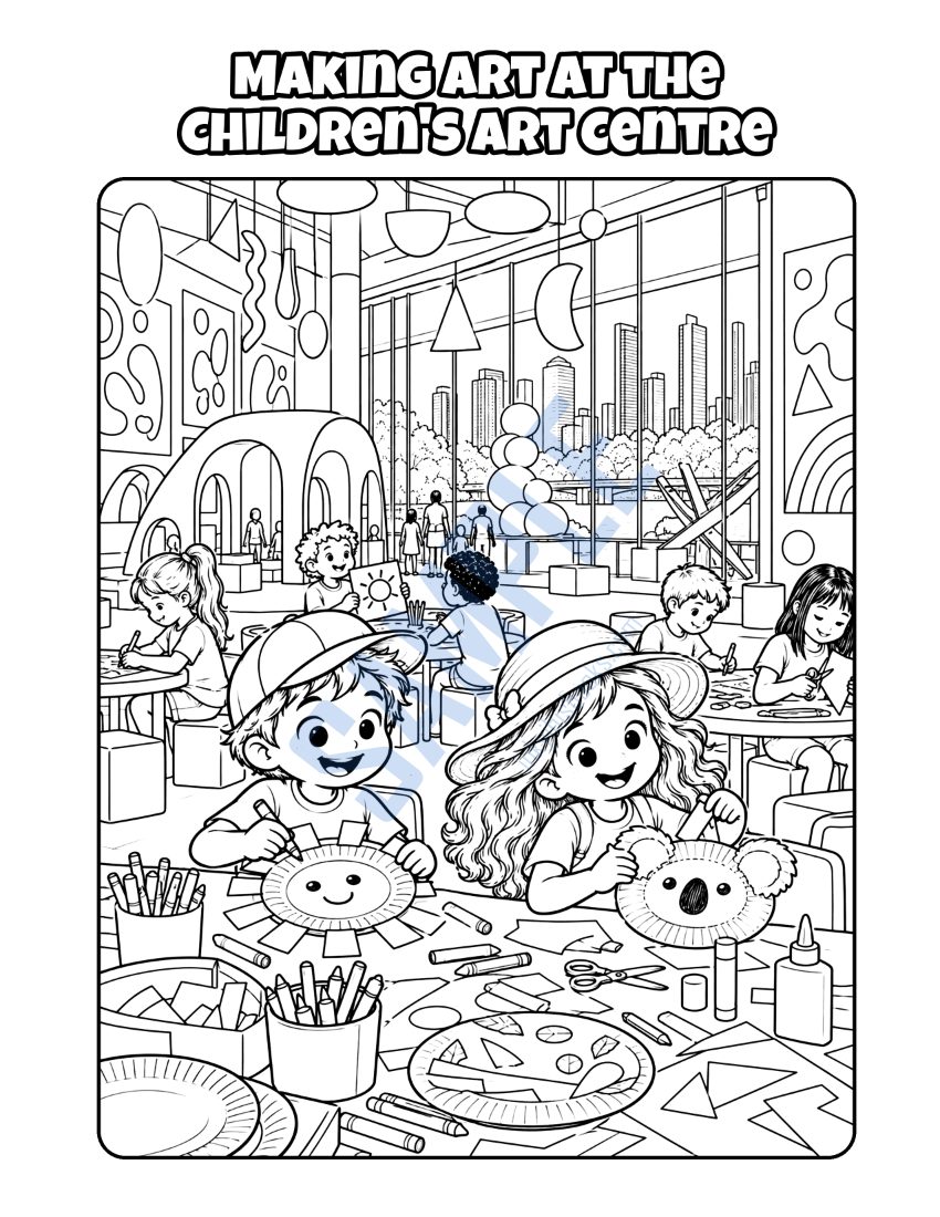 Colouring page from Welcome to Brisbane: "Making Art at the Children's Art Centre"