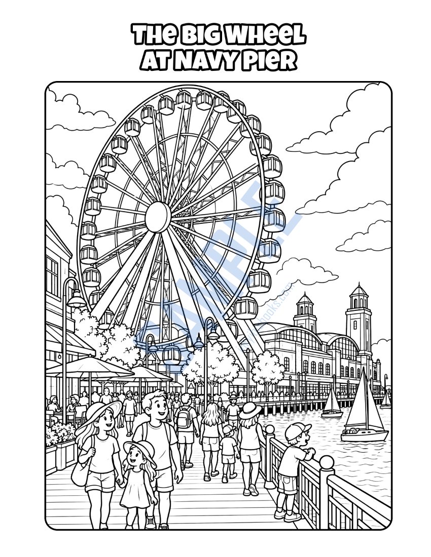 Coloring page from Welcome to Chicago: "The Big Wheel at Navy Pier"