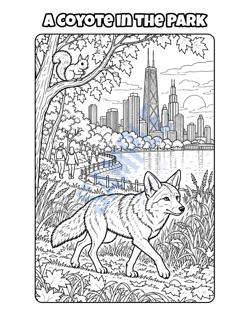 Coloring page from Welcome to Chicago: "A Coyote in the Park"