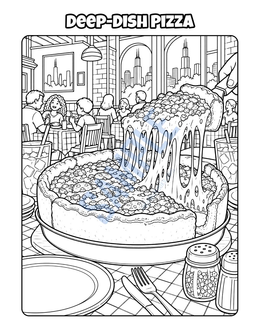 Coloring page from Welcome to Chicago: "Deep-Dish Pizza"
