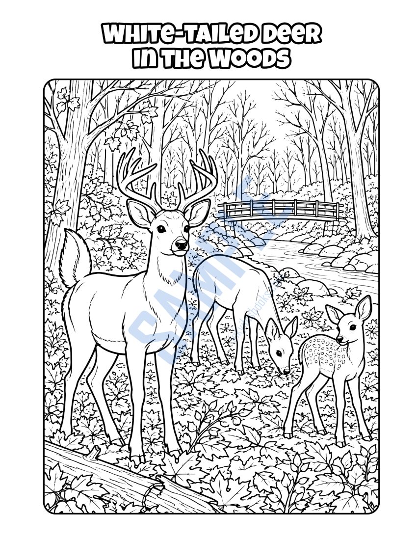 Coloring page from Welcome to Columbus: "White-tailed Deer in the Woods"
