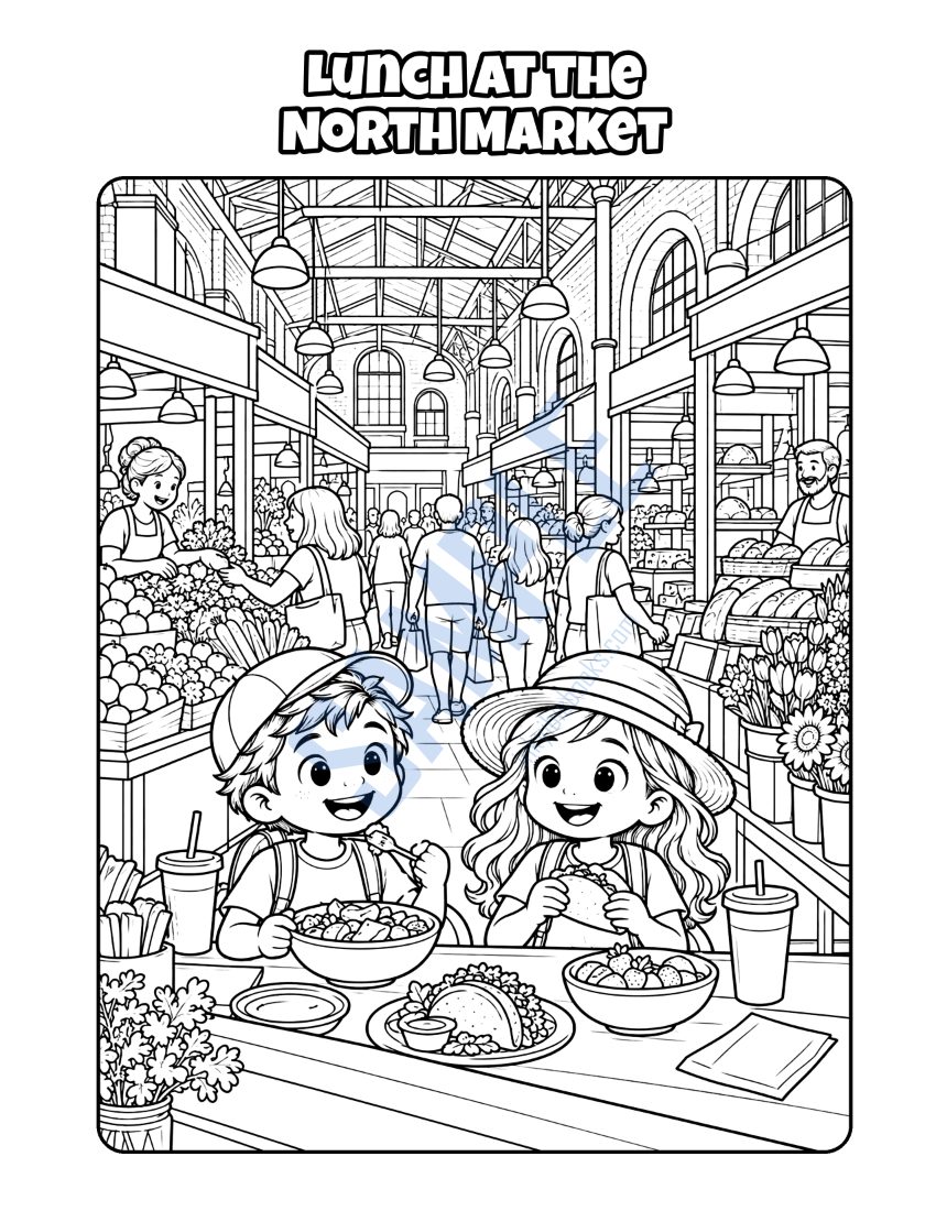 Coloring page from Welcome to Columbus: "Lunch at the North Market"