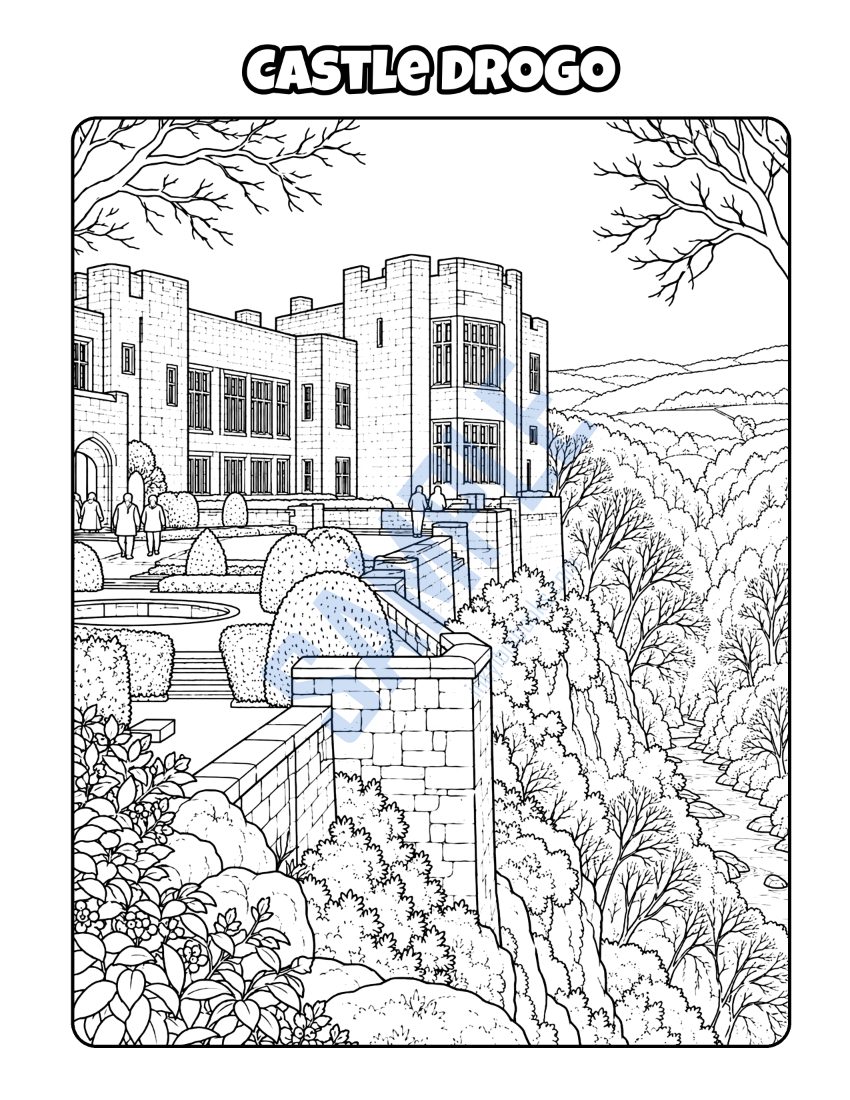 Colouring page from Welcome to Devon: "Castle Drogo"