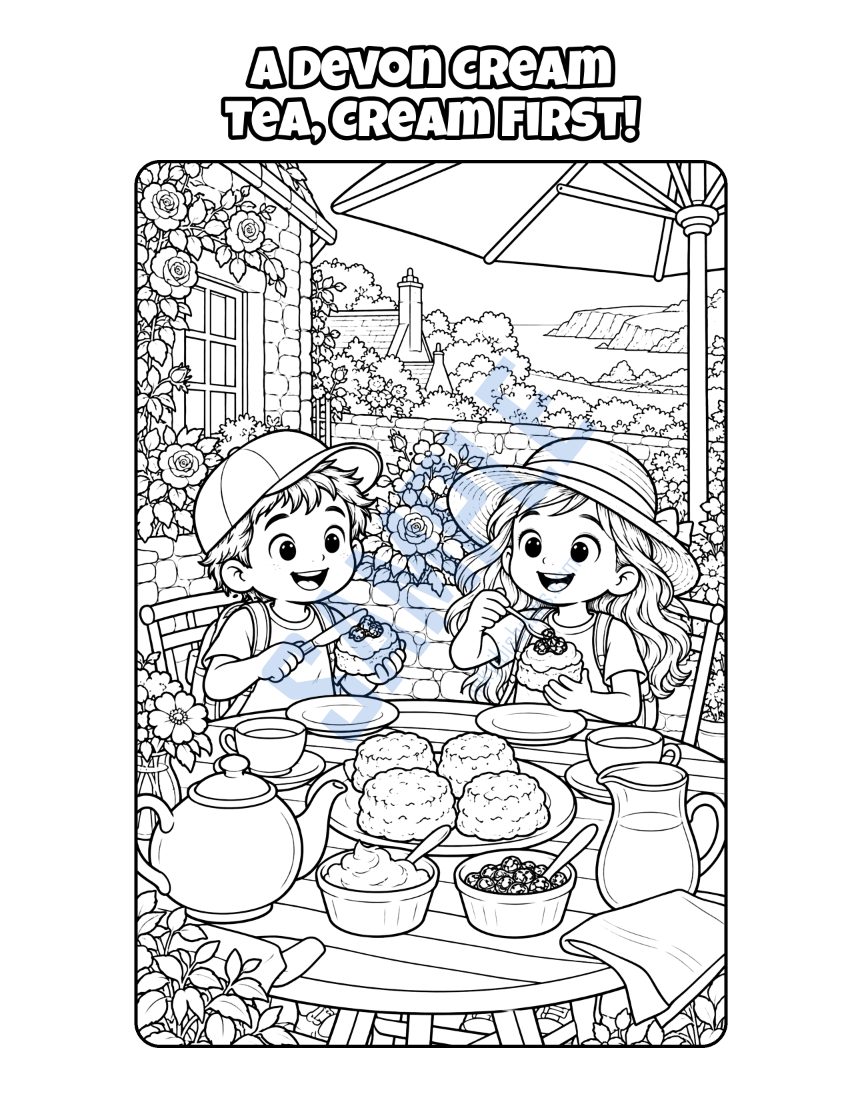 Colouring page from Welcome to Devon: "A Devon Cream Tea, Cream First!"