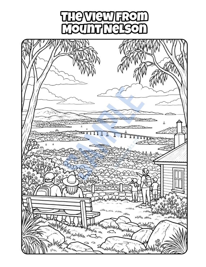 Colouring page from Welcome to Hobart: "The View from Mount Nelson"