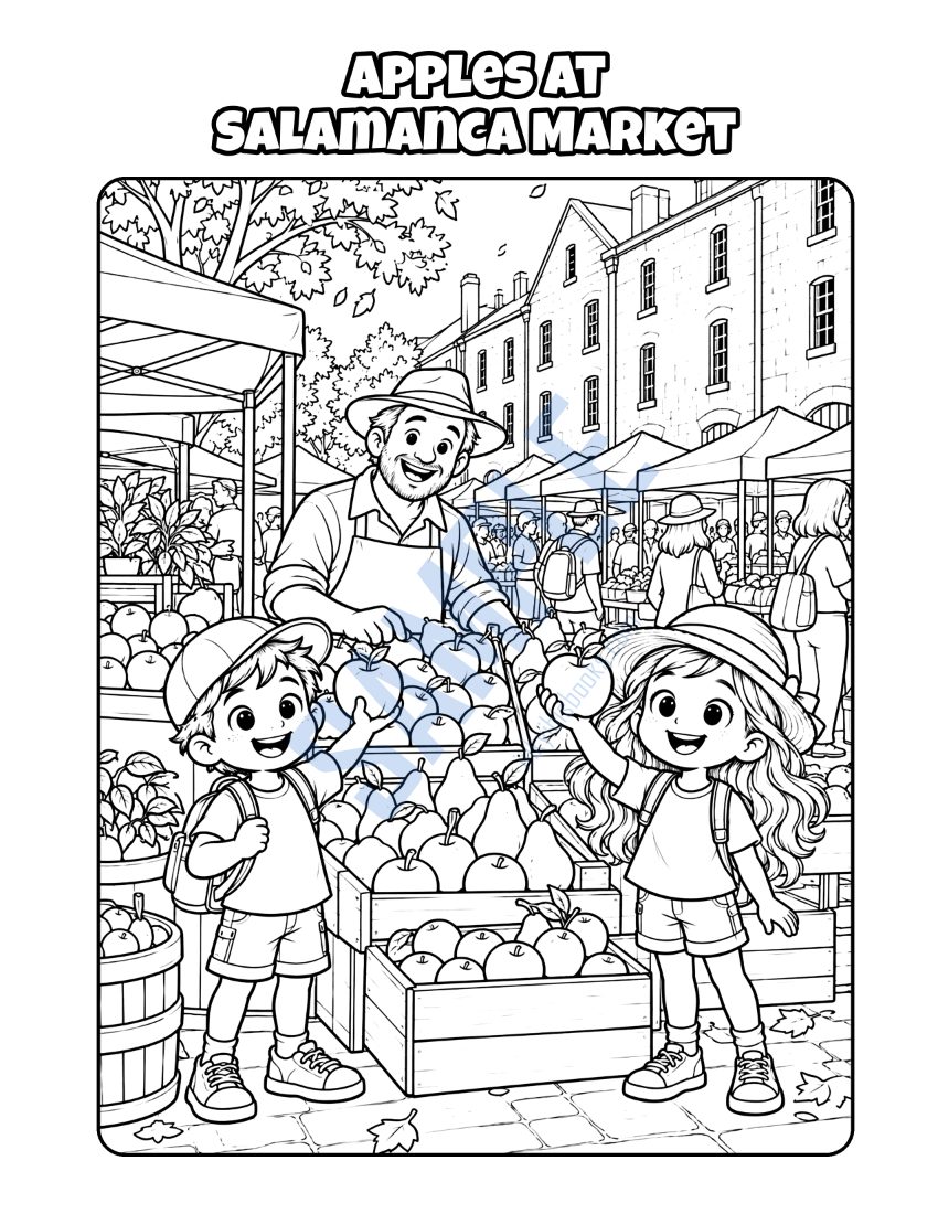 Colouring page from Welcome to Hobart: "Apples at Salamanca Market"