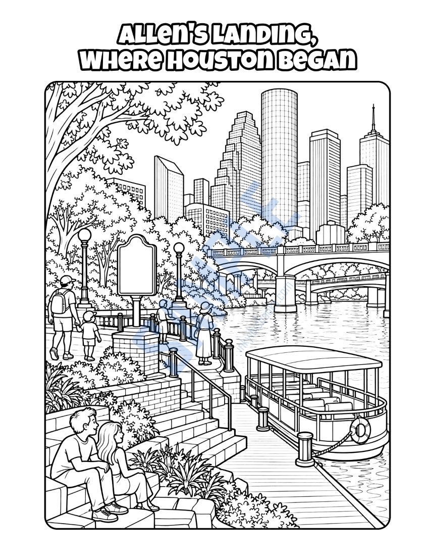 Coloring page from Welcome to Houston: "Allen's Landing, Where Houston Began"