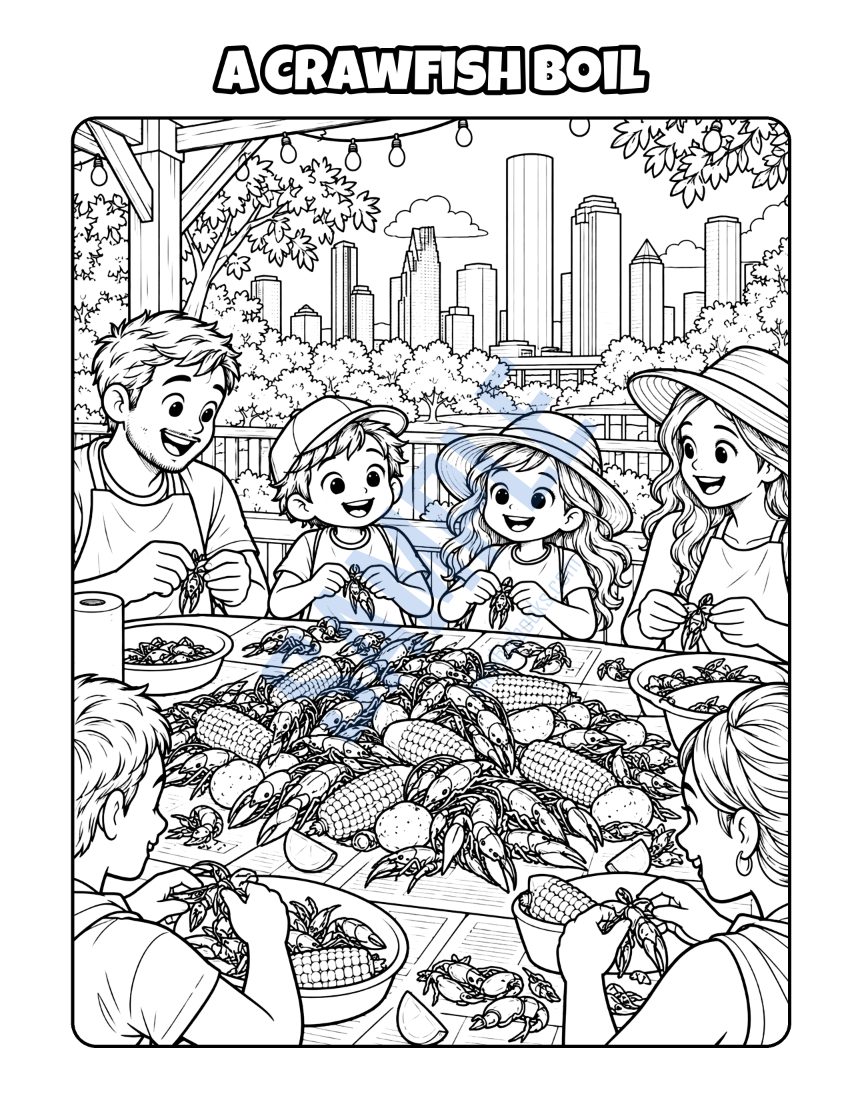 Coloring page from Welcome to Houston: "A Crawfish Boil"