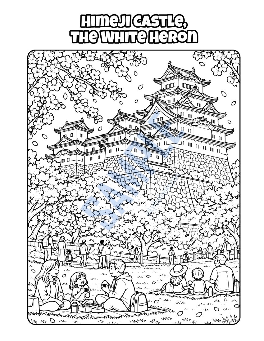 Coloring page from Welcome to Japan: "Himeji Castle, the White Heron"
