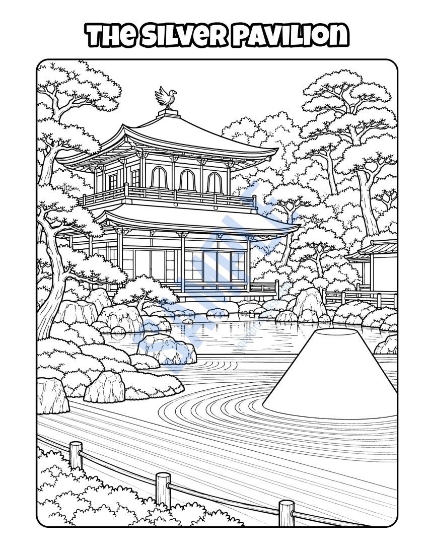 Coloring page from Welcome to Kyoto: "The Silver Pavilion"