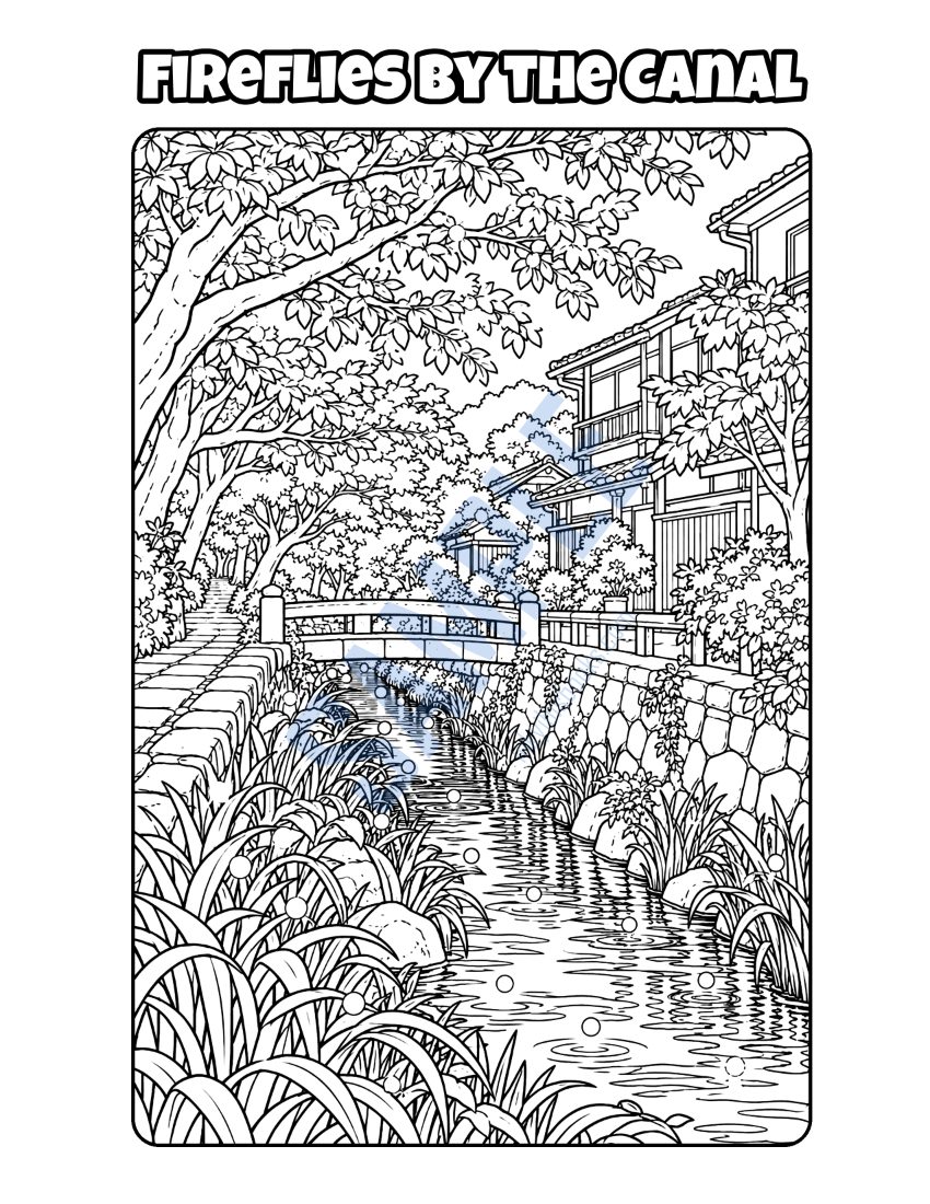 Coloring page from Welcome to Kyoto: "Fireflies by the Canal"