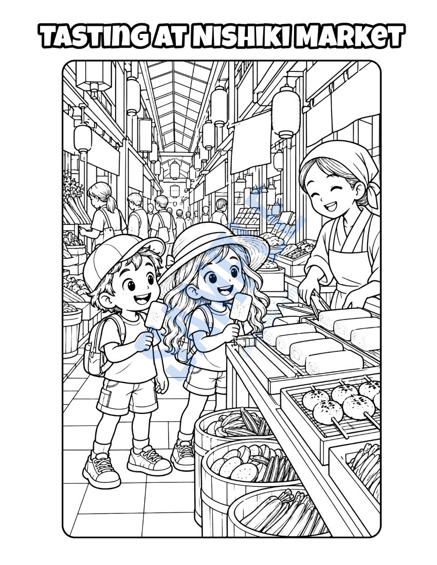 Coloring page from Welcome to Kyoto: "Tasting at Nishiki Market"