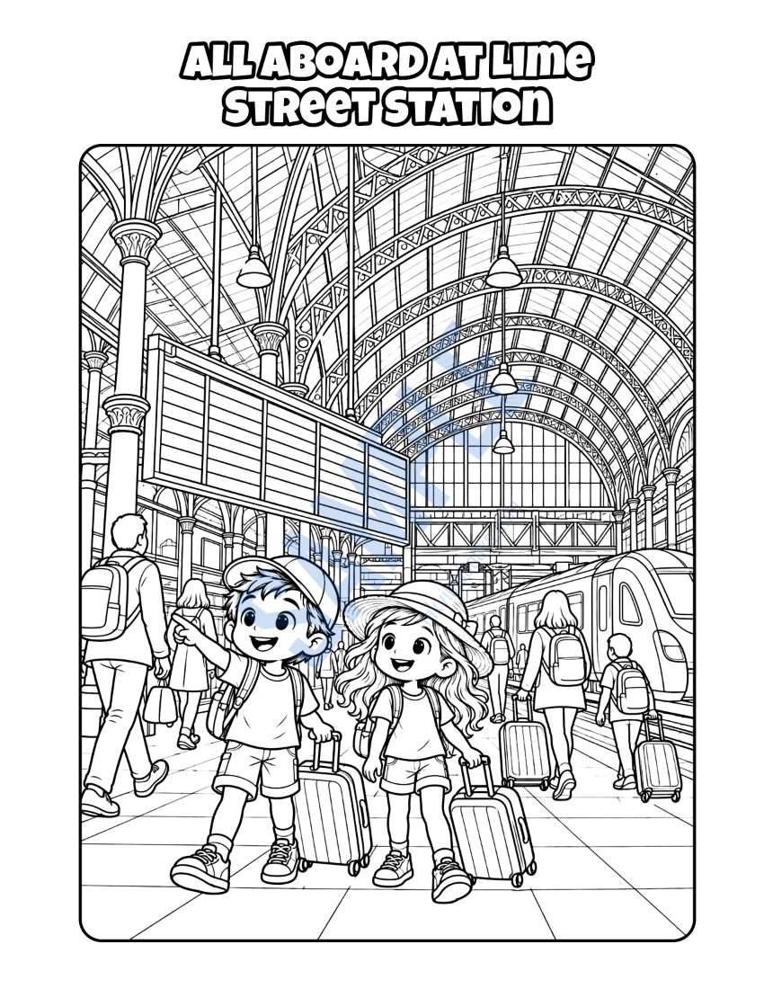 Colouring page from Welcome to Liverpool: "All Aboard at Lime Street Station"