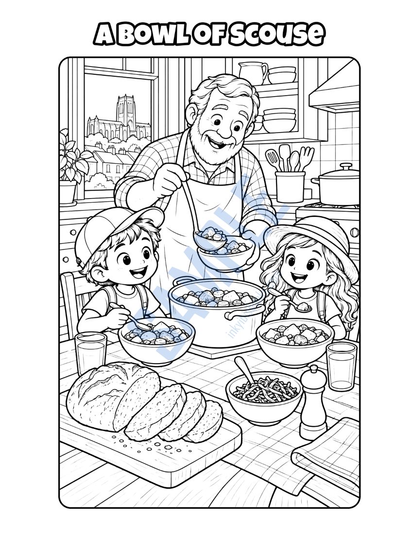 Colouring page from Welcome to Liverpool: "A Bowl of Scouse"