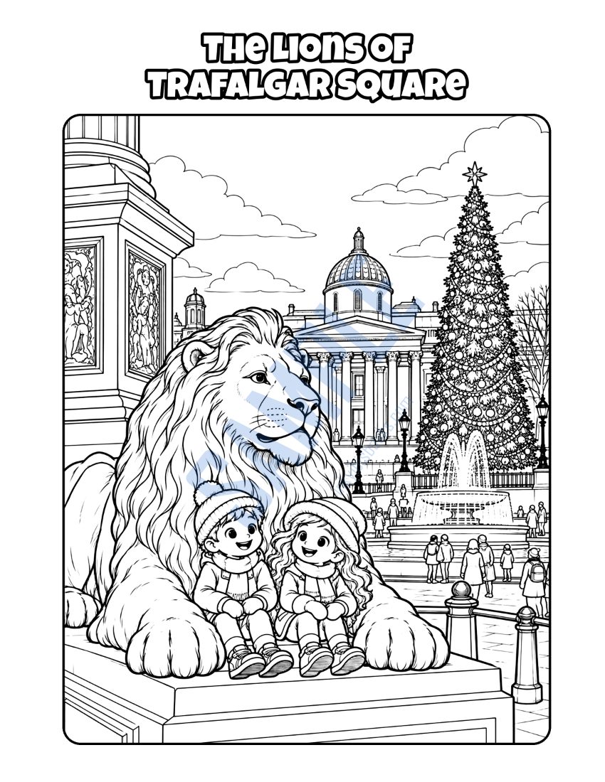 Colouring page from Welcome to London: "The Lions of Trafalgar Square"