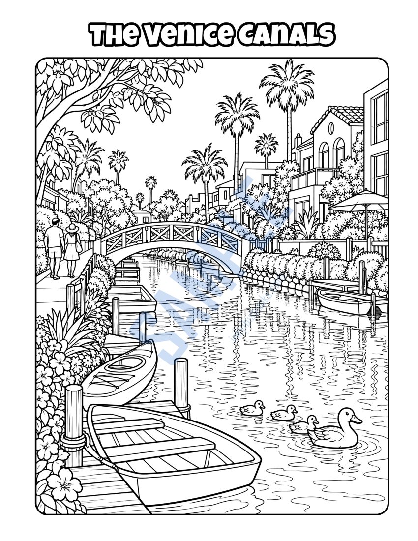 Coloring page from Welcome to Los Angeles: "The Venice Canals"