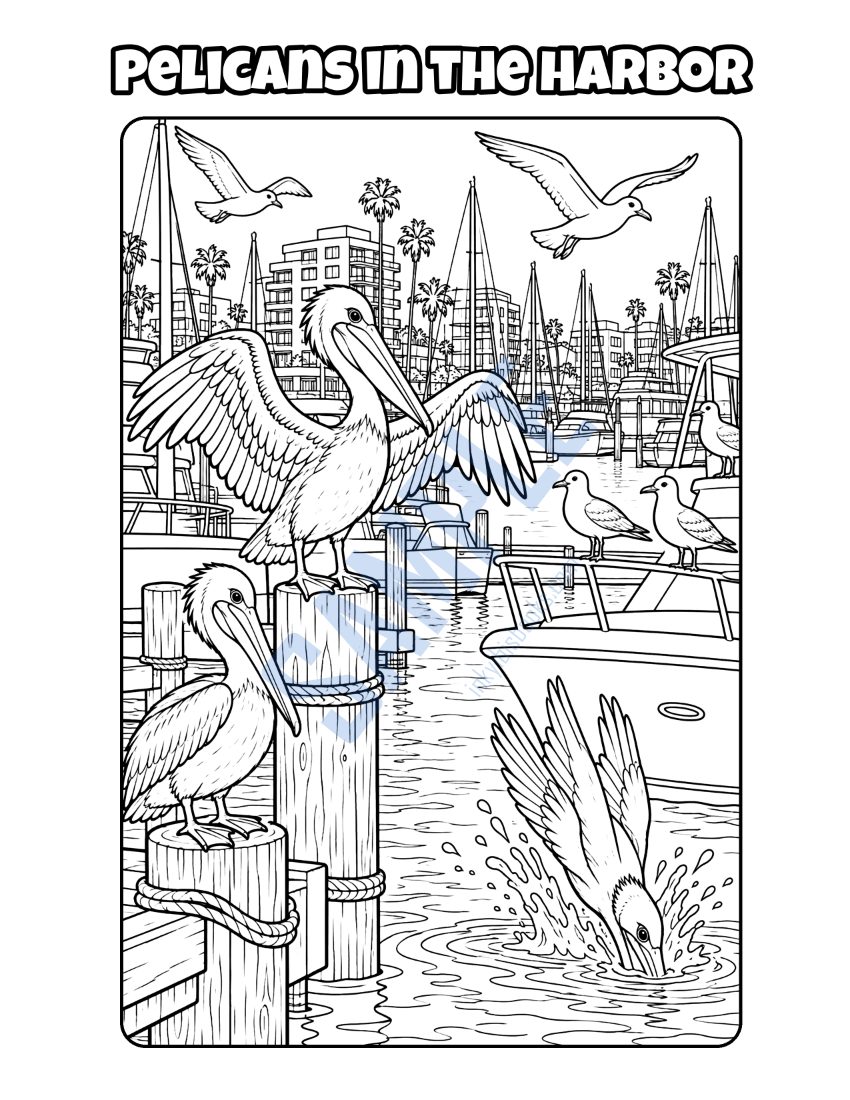 Coloring page from Welcome to Los Angeles: "Pelicans in the Harbor"