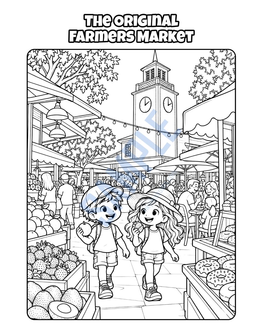 Coloring page from Welcome to Los Angeles: "The Original Farmers Market"