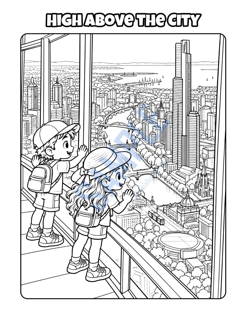 Colouring page from Welcome to Melbourne: "High Above the City"