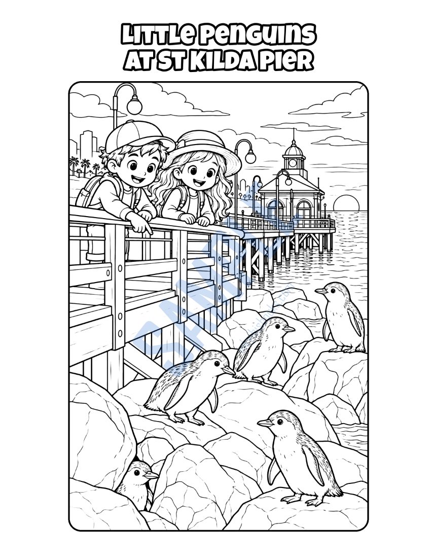 Colouring page from Welcome to Melbourne: "Little Penguins at St Kilda Pier"