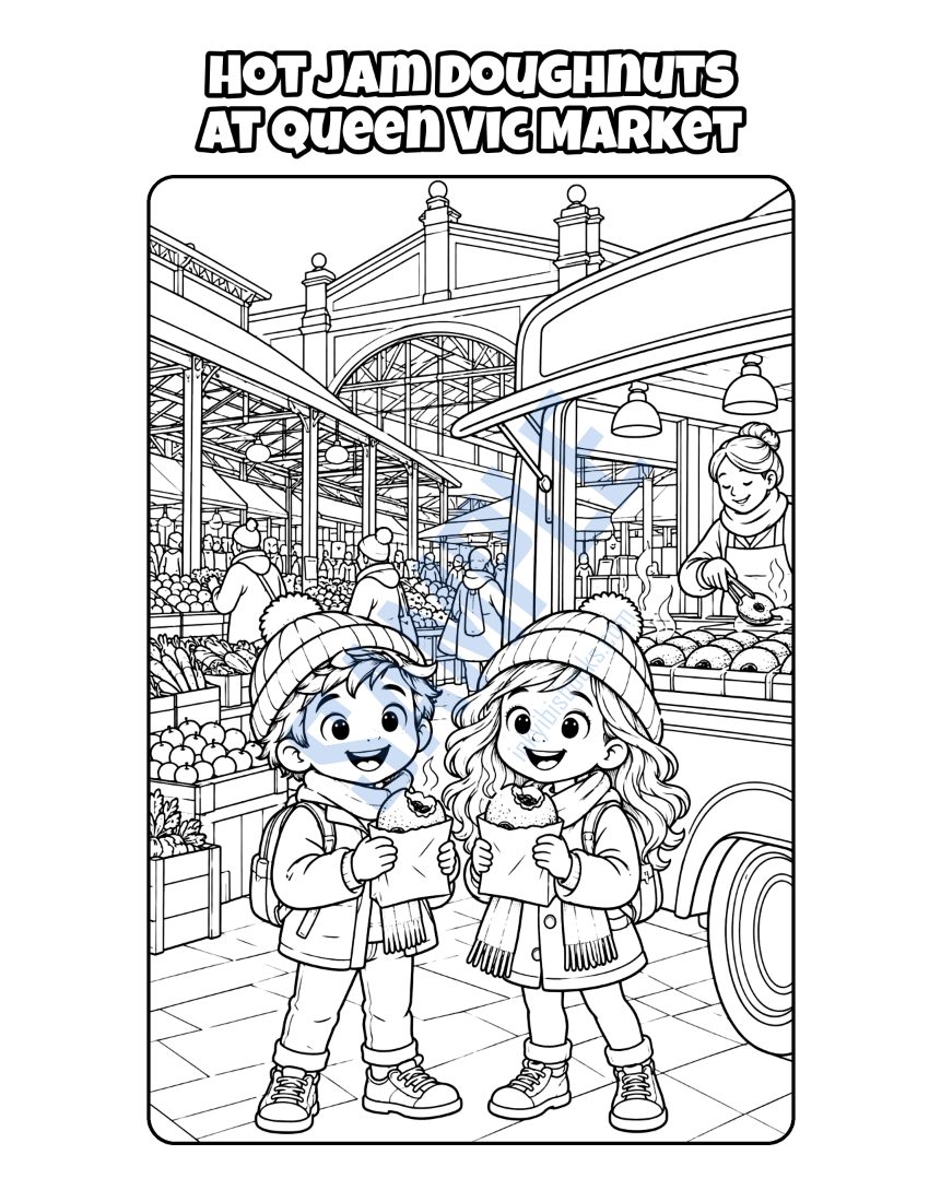 Colouring page from Welcome to Melbourne: "Hot Jam Doughnuts at Queen Vic Market"