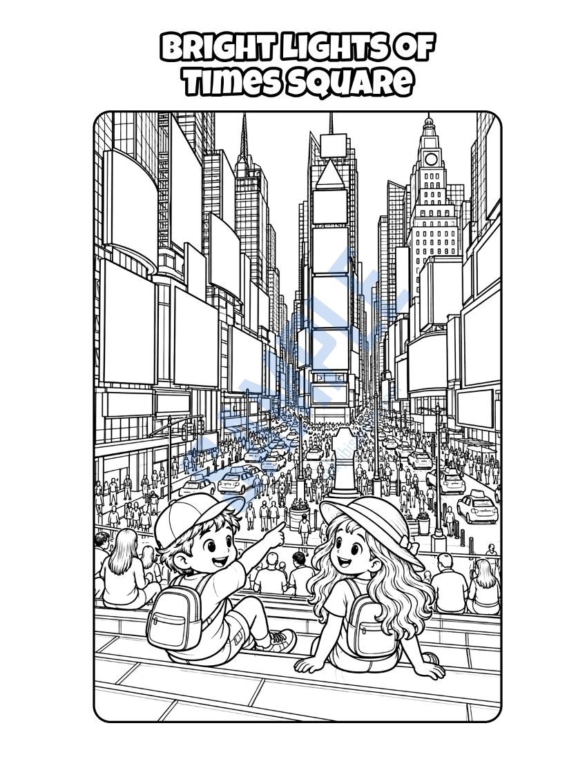 Coloring page from Welcome to New York: "Bright Lights of Times Square"