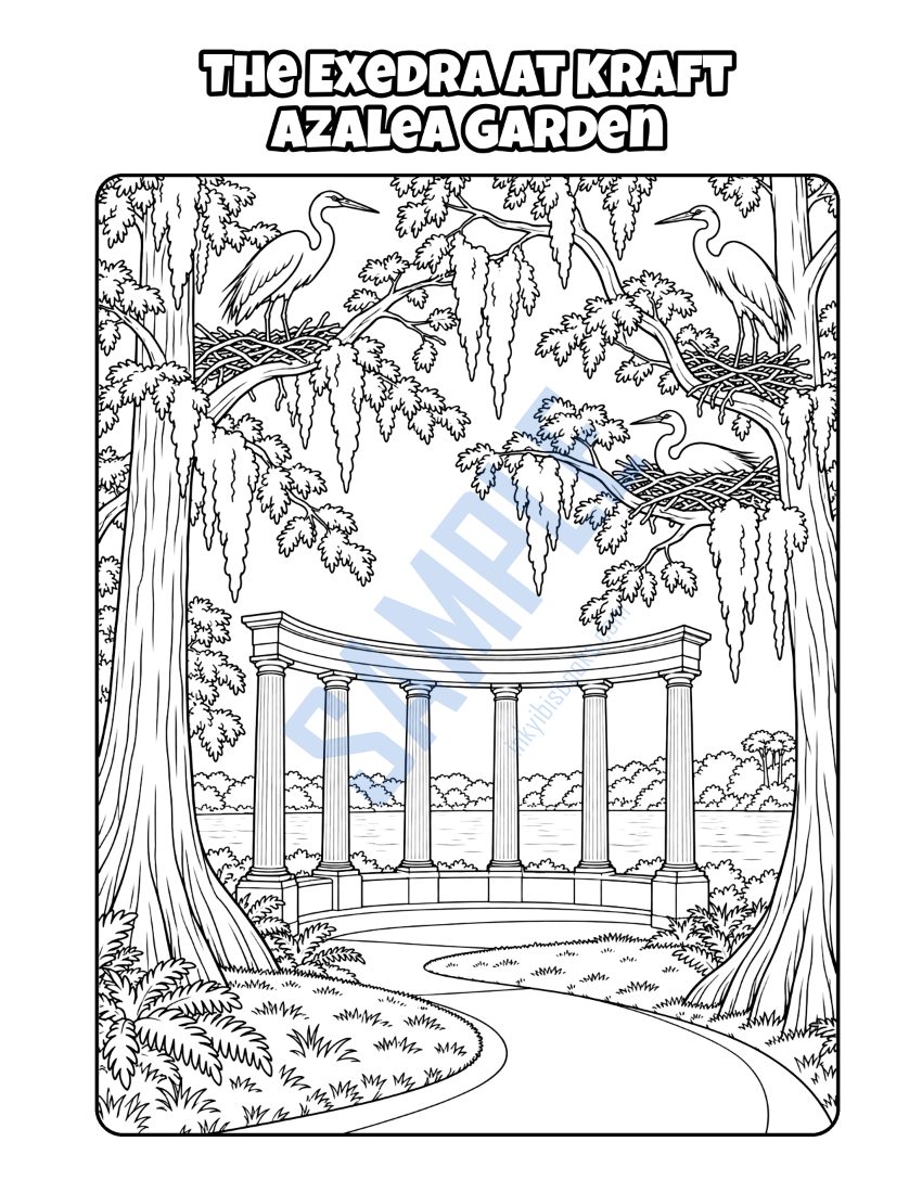 Coloring page from Welcome to Orlando: "The Exedra at Kraft Azalea Garden"