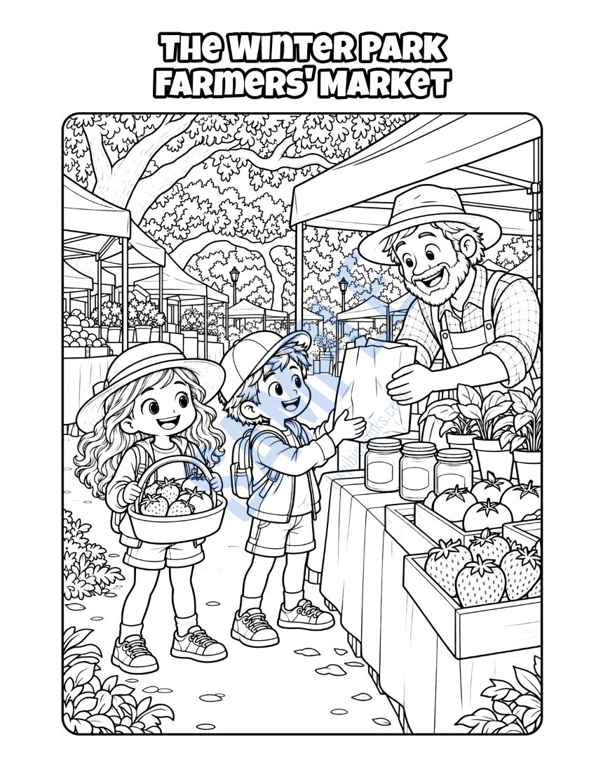 Coloring page from Welcome to Orlando: "The Winter Park Farmers' Market"