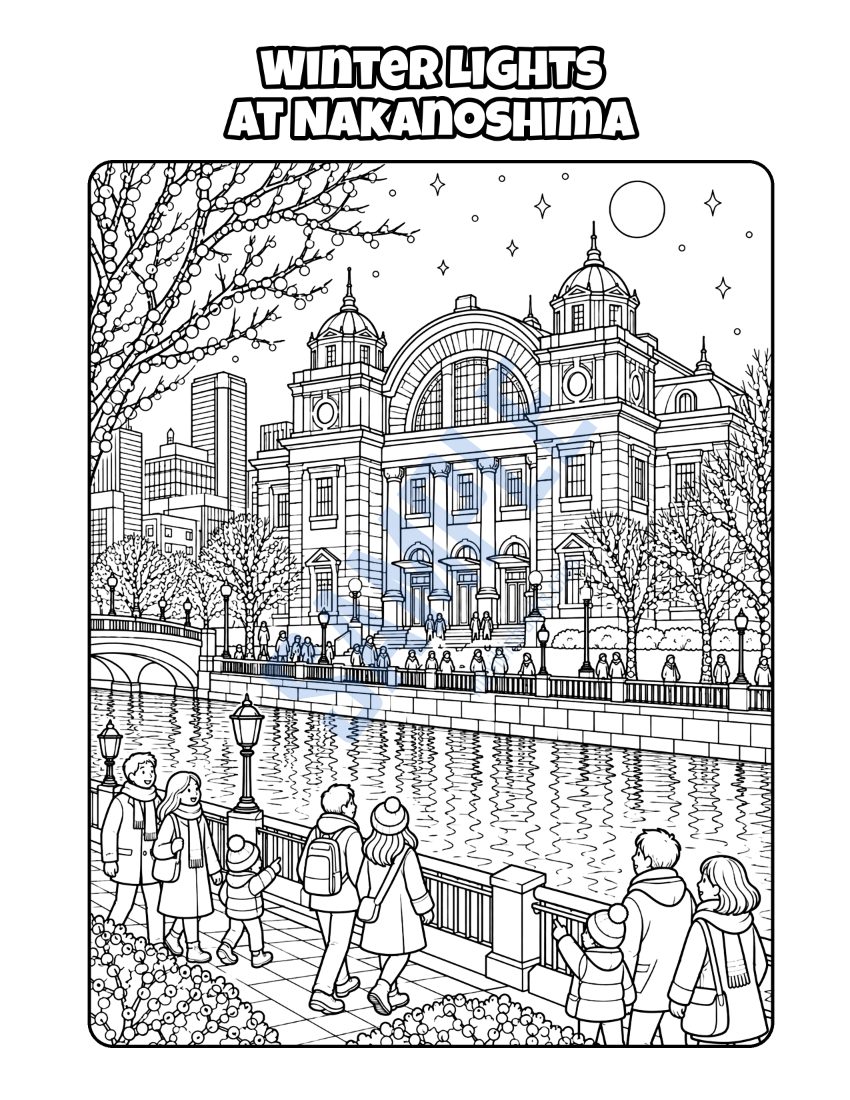 Coloring page from Welcome to Osaka: "Winter Lights at Nakanoshima"