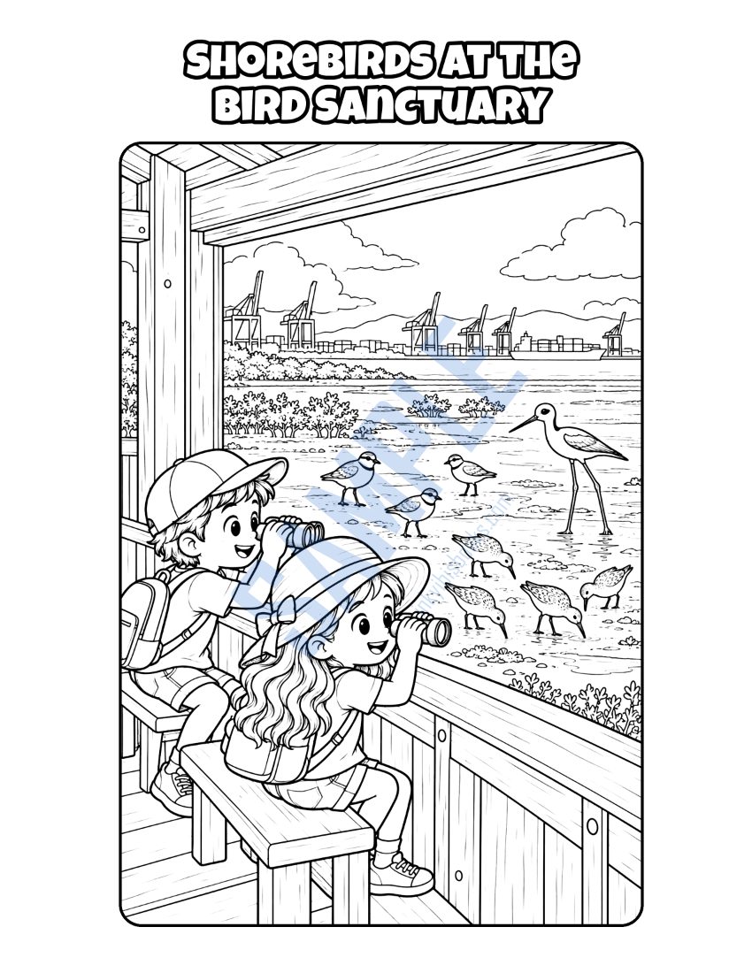 Coloring page from Welcome to Osaka: "Shorebirds at the Bird Sanctuary"