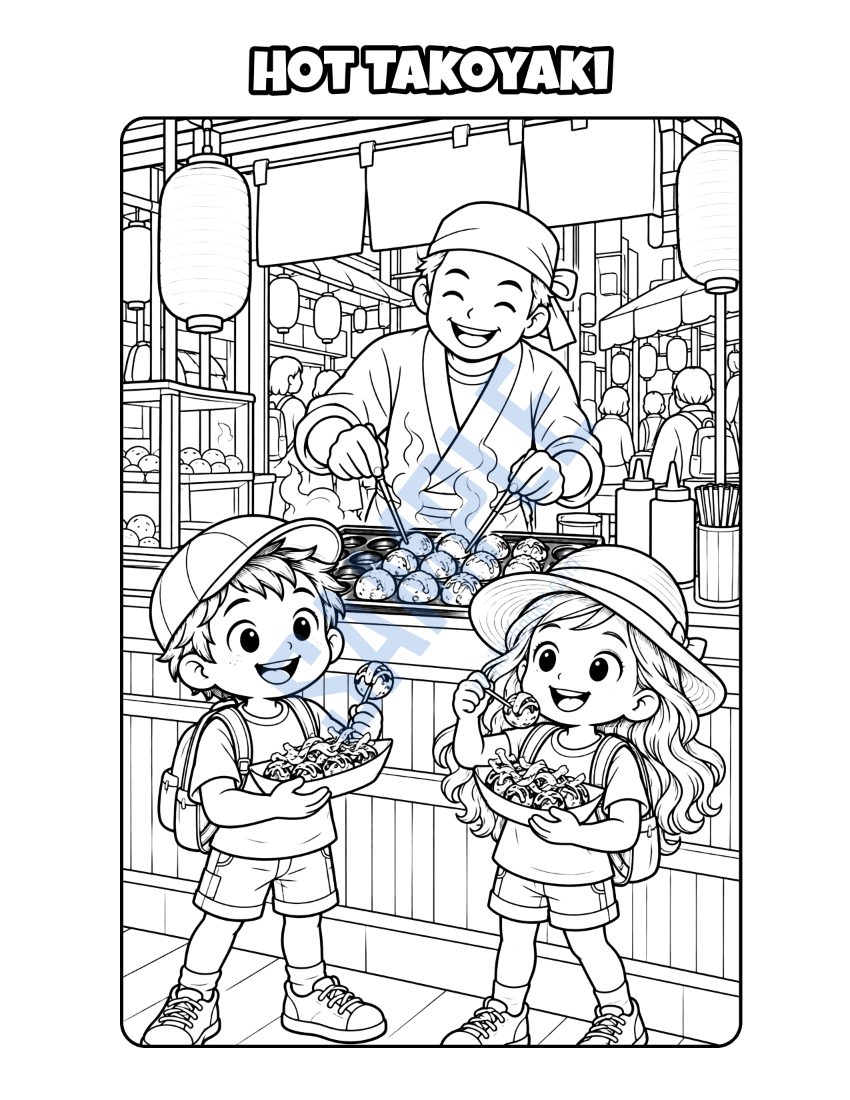 Coloring page from Welcome to Osaka: "Hot Takoyaki"