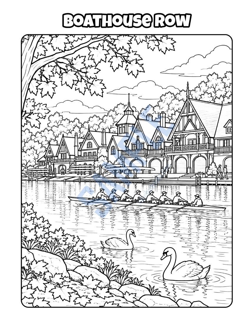 Coloring page from Welcome to Philadelphia: "Boathouse Row"