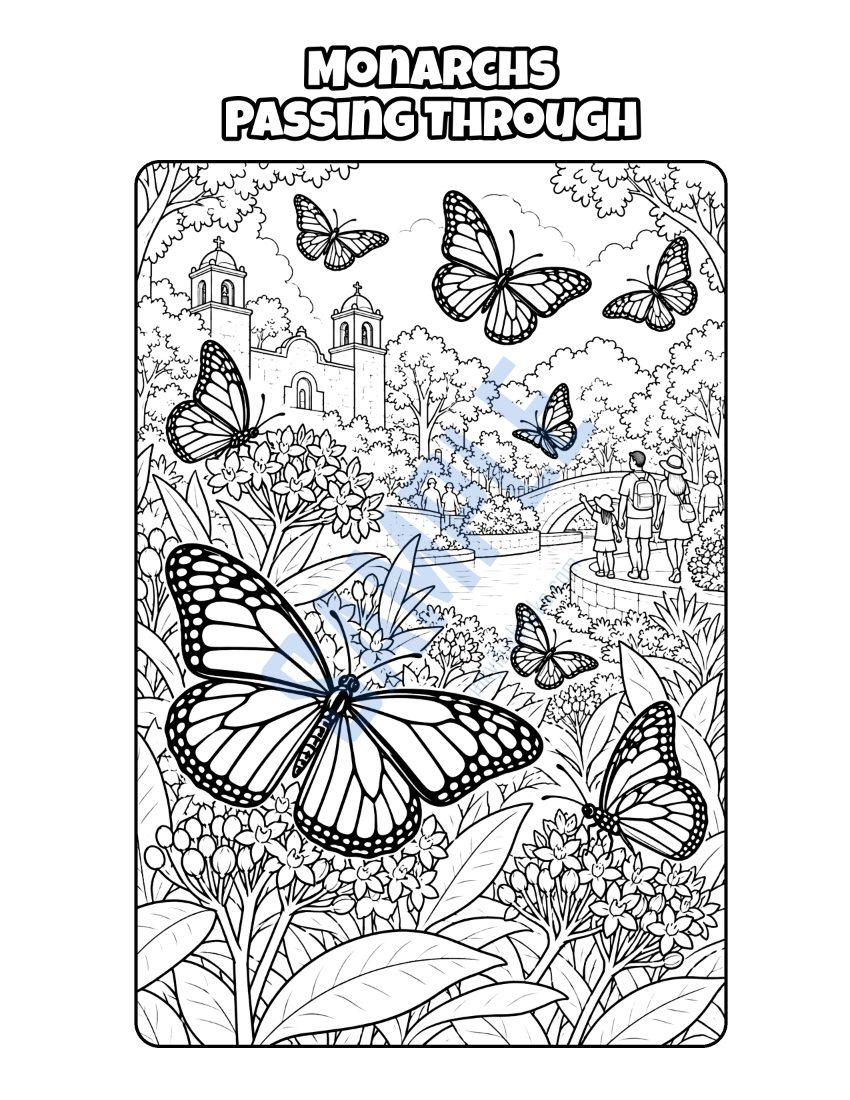 Coloring page from Welcome to San Antonio: "Monarchs Passing Through"