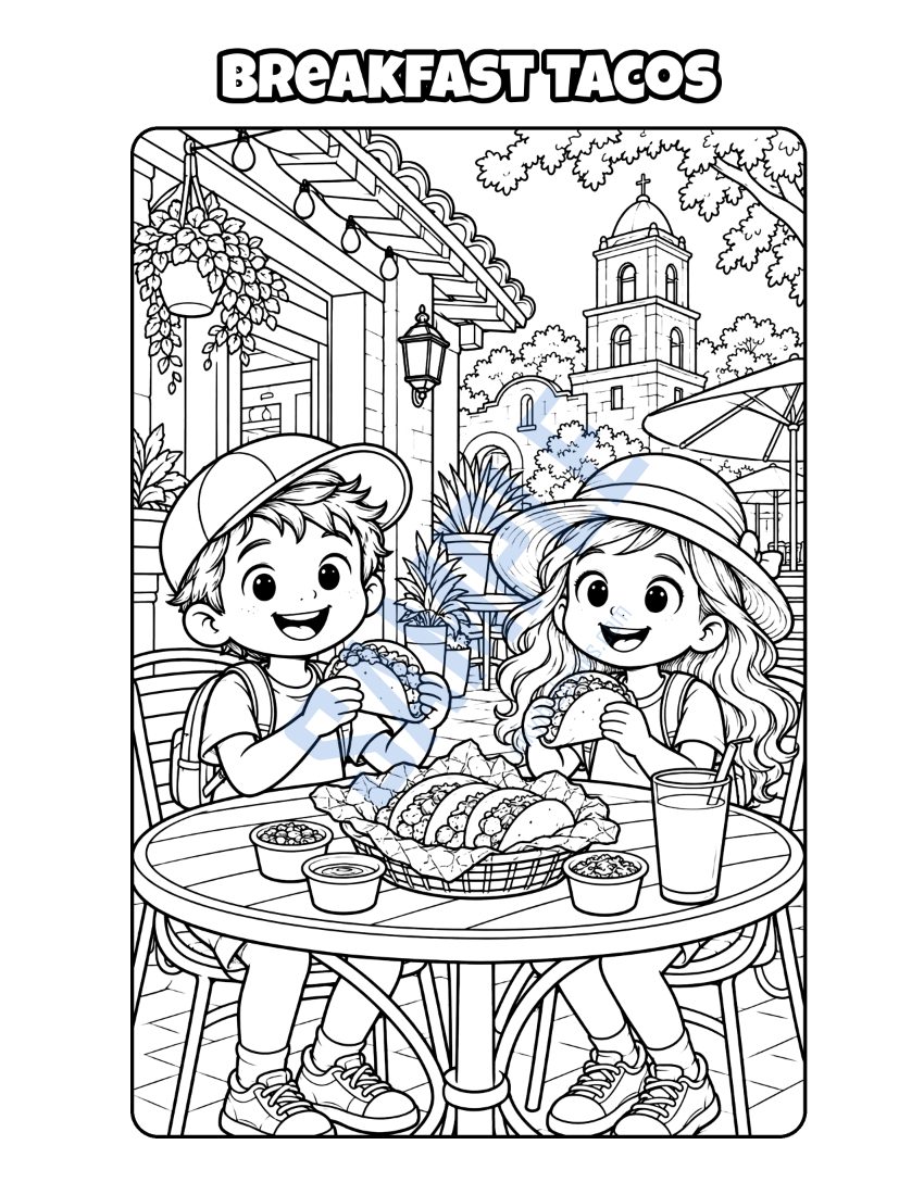 Coloring page from Welcome to San Antonio: "Breakfast Tacos"