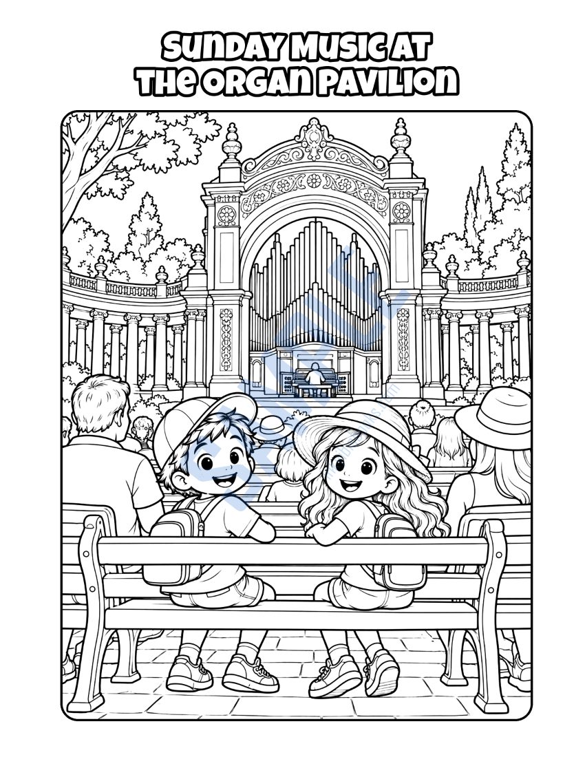 Coloring page from Welcome to San Diego: "Sunday Music at the Organ Pavilion"