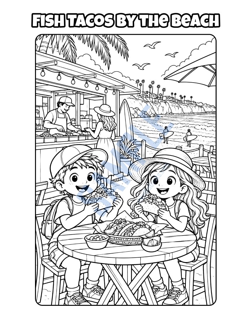 Coloring page from Welcome to San Diego: "Fish Tacos by the Beach"