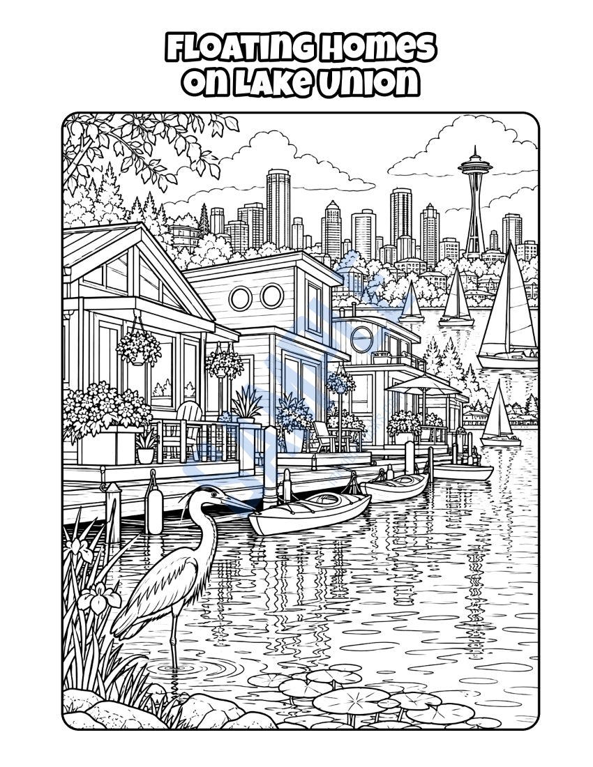 Coloring page from Welcome to Seattle: "Floating Homes on Lake Union"