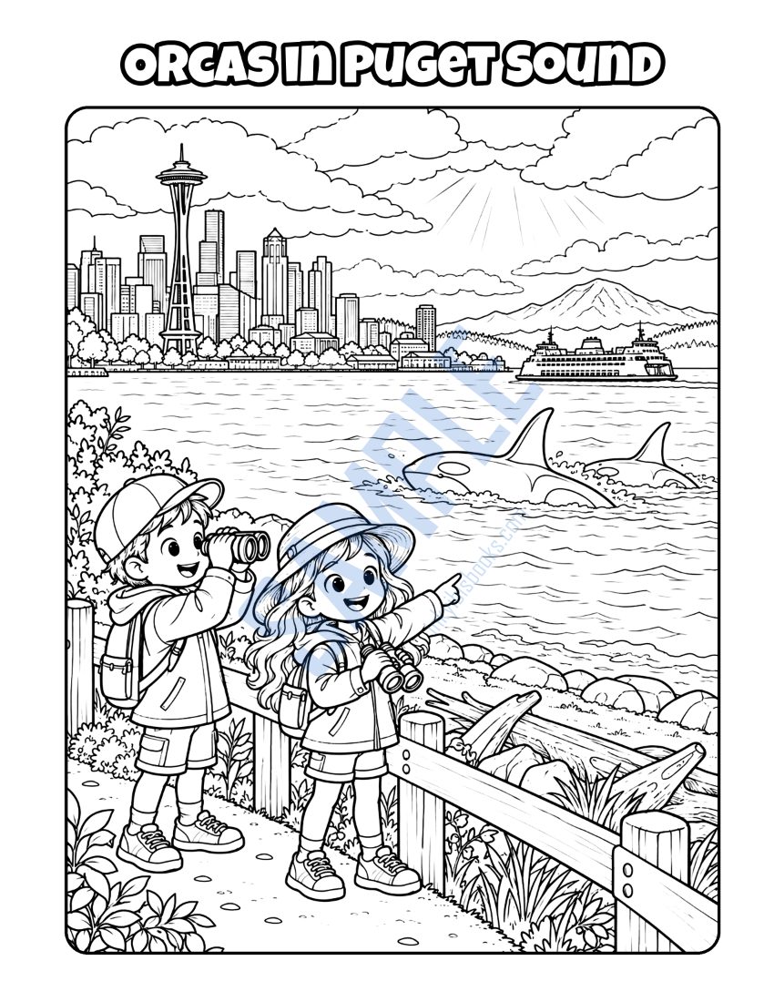 Coloring page from Welcome to Seattle: "Orcas in Puget Sound"