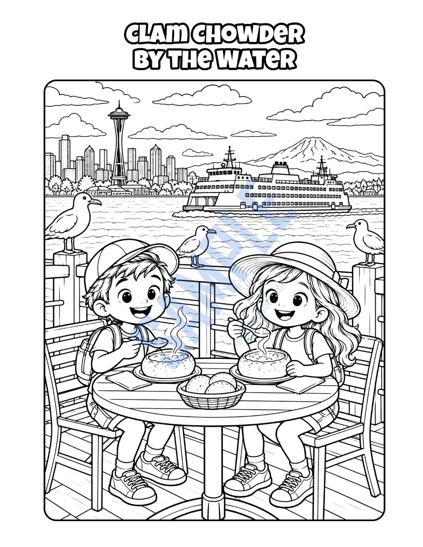 Coloring page from Welcome to Seattle: "Clam Chowder by the Water"
